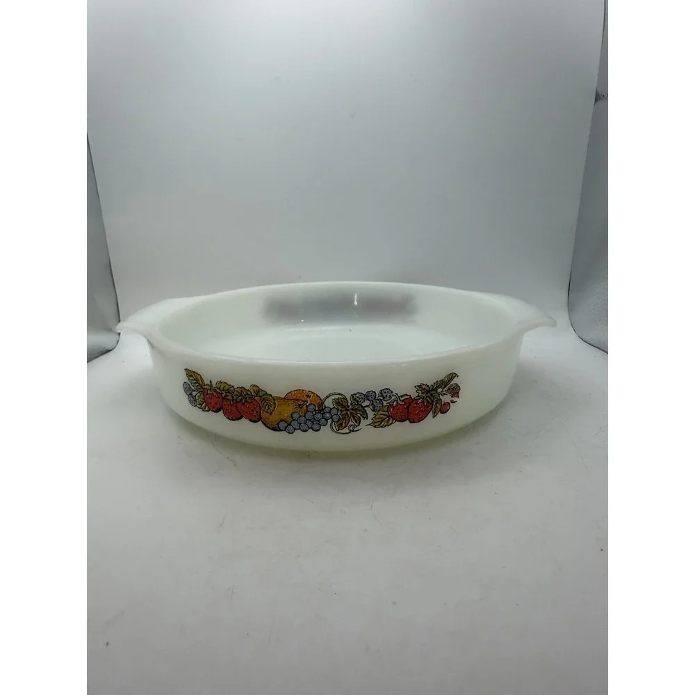 Vintage Fire-King Fruit Harvest Milk Glass Round Baking Dish #429 9